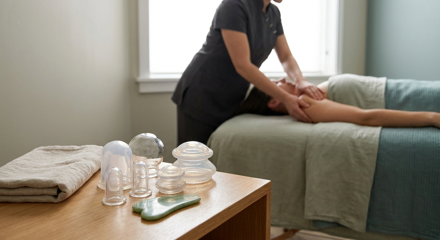 Therapeutic cupping cups, gua sha tool, and hands-on massage therapy in a clinical treatment room