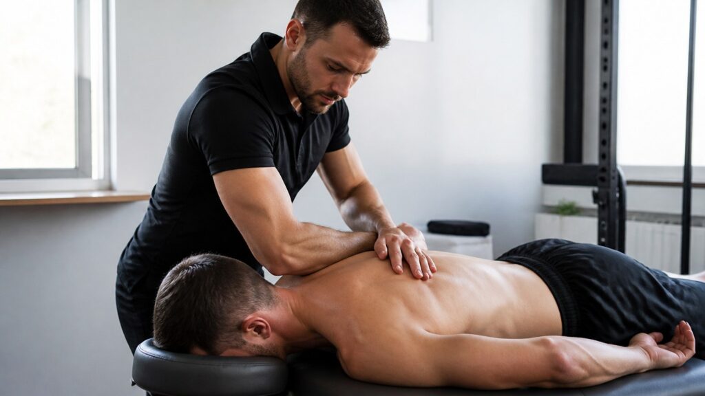 Massage therapist working on a client's shoulder during a deep tissue session
